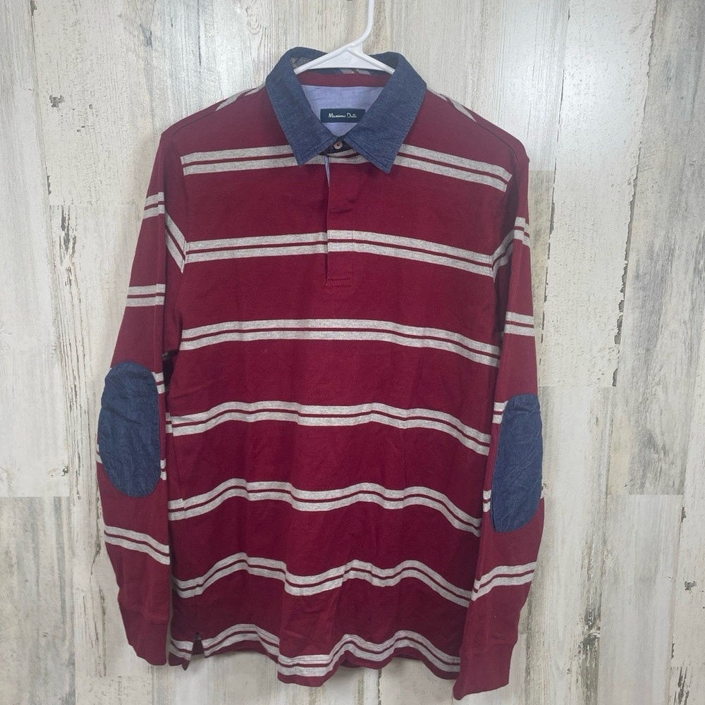 Massimo Dutti Burgundy Striped Long Sleeve‎ Polo size L Rugby Elbow Patches Prep